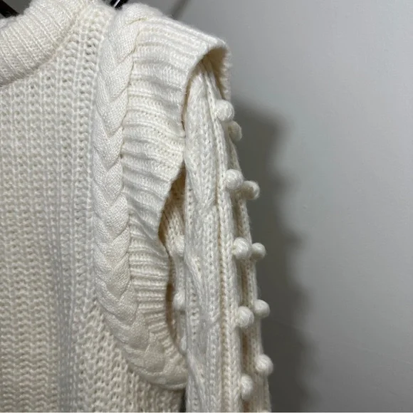Farm Rio Braided Sweater S Pom Pom Off White wool blend - Picture 2 of 14